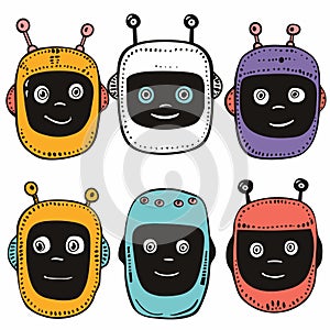 Six cute cartoon robots faces different expressions, colors, isolated white background photo