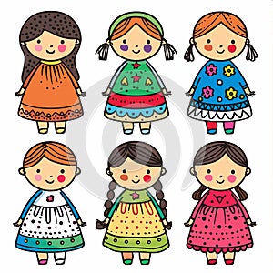 Six cute, cartoonstyle, diverse dolls wearing colorful dresses different patterns, doll has unique