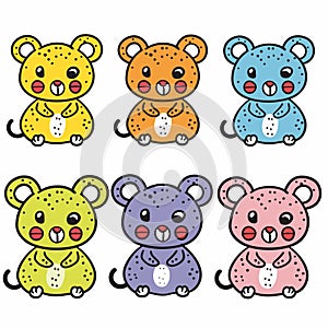 Six cute colorful teddy bears cartoon characters, bear features different main color yellow