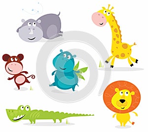 Six cute safari animals - giraffe, croc, rhino...