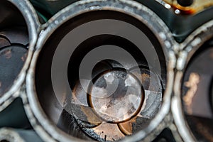 Six cylinders engine block with pistons