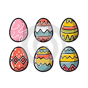 Six decorated Easter eggs colorful patterns isolated white background. Cartoon style Easter eggs