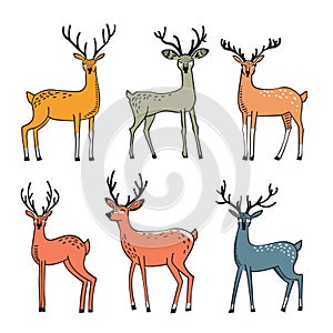 Six deer illustrated different colors, prominent antlers spots. Handdrawn art style presents deer photo