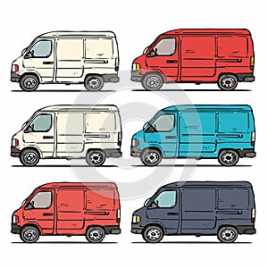 Six delivery vans cartoon illustration, side views cargo vehicles, colored line art. Handdrawn