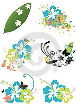 Six design elements with Hawaiian flowers on summe