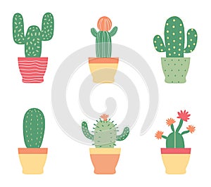 Six different cacti in colorful pots, simple flat design. Desert plants, indoor succulent decoration. Home gardening and