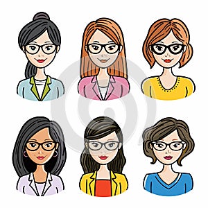 Six different cartoon women display diverse hairstyles, glasses, clothing choices