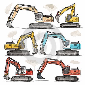 Six different colored excavators illustrate construction equipment diversity. Handdrawn style