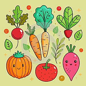 Six different hand drawn mixed vegetables with cartoon