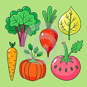 Six different hand drawn mixed vegetables with cartoon