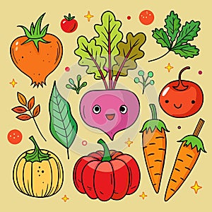 Six different hand drawn mixed vegetables with cartoon