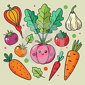 Six different hand drawn mixed vegetables with cartoon style