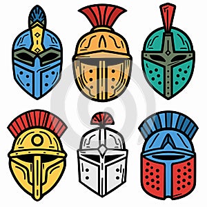 Six different medieval knight helmets illustrated vibrant colors, helmet features unique designs