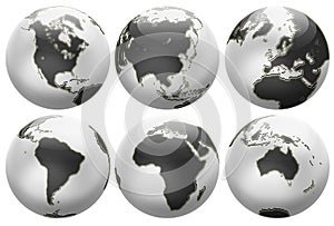 Six different positions globes isolated on white