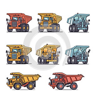 Six different styles mining dump trucks illustrated. Mining industry vehicles featuring various photo