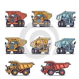 Six different styles mining dump trucks illustrated. Mining industry vehicles featuring various