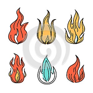 Six different stylized flame icons various colors shapes. Cartoon fire symbols suitable logos