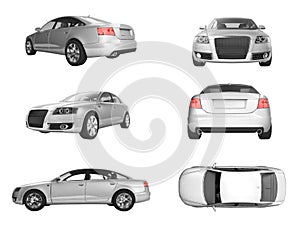 Six different views of 3D image of silver car