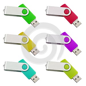 Six differently colored USB-Sticks isolated on white