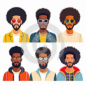 Six distinct illustrations Black men featuring diverse hairstyles, facial hair, eyewear. Dressed photo