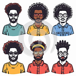 Six diverse African American men portraits distinct hairstyles facial hair, wearing glasses photo
