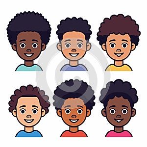 Six diverse cartoon boys smiling, friendly faces, kids avatars. Multicultural children curly hair