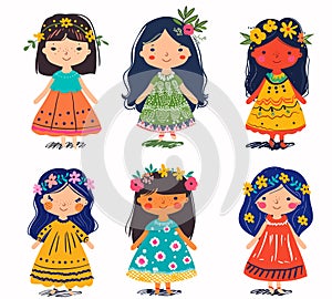 Six diverse cartoon doll girls wearing colorful dresses floral headbands, girl character smiling