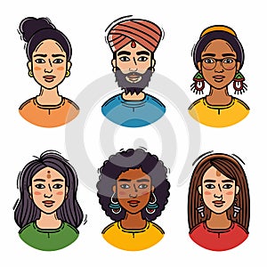 Six diverse cartoon faces represent multicultural group, various ethnic backgrounds shown through