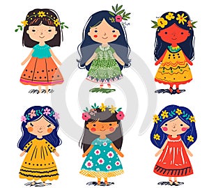 Six diverse cartoon girls wearing colorful dresses floral headbands, girl character smiling