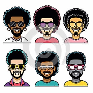 Six diverse cartoon male characters afros, showcased shoulders up, character smiling photo