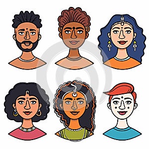 Six diverse cartoon portraits featuring Indian ethnicity. Top row male, beard, mustache female