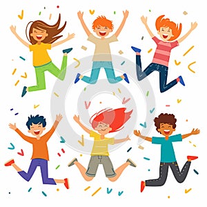 Six diverse children jumping joyfully celebrate. Excitement happiness child friends together