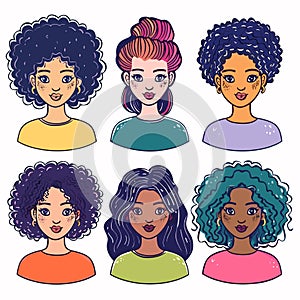 Six diverse female cartoon avatars different hairstyles colorful clothes smiling camera