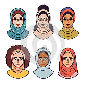 Six diverse female faces, wearing hijabs headscarves, diversity, different ethnicities photo