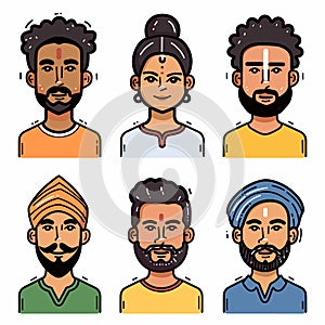 Six diverse Indian characters illustrated modern colorful style. Men women ethnic Indian portraits