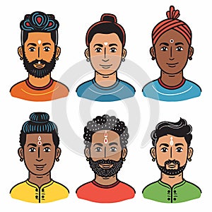 Six diverse Indian men portraits, man wears traditional headgear, bindi mark forehead, ethnic