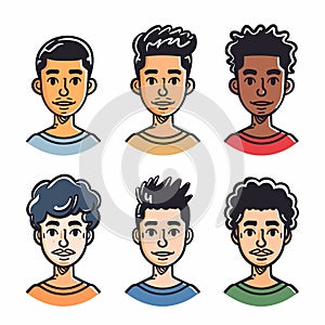 Six diverse male avatars illustrated modern style, face displays unique hairstyle expression