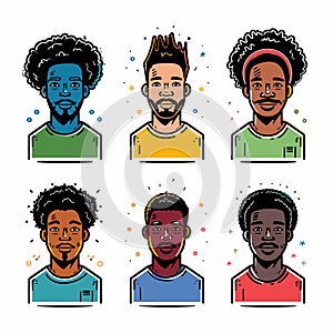 Six diverse male portraits cartoon illustration, smiling faces, various hairstyles, man presented photo