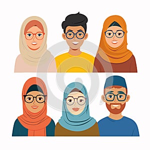 Six diverse Muslim characters illustrated, featuring men women traditional clothing. Hijabs photo