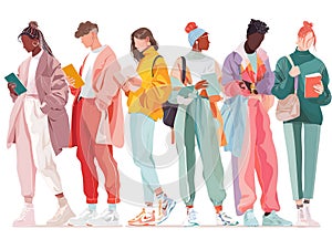 Stylish Students Immersed in Books, a Diverse Group Reading Together. AI-generated image.