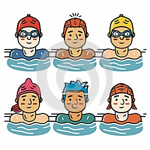 Six diverse swimmers swimming caps goggles ready competition, multicultural aquatic sports team
