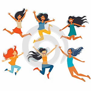 Six diverse women illustrated jumping joyously, displaying happiness energy, different hairstyles photo