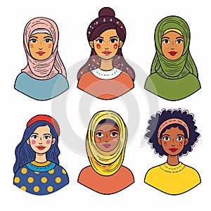 Six diverse women portraits vector, multicultural female faces illustration, ethnic characters