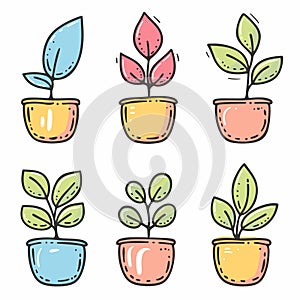 Six doodle style potted plants, colorful simple plant illustrations. Set handdrawn houseplants