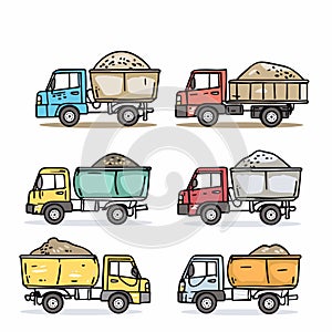 Six dump trucks illustrated various colors carrying different materials. Cartoonstyle graphic