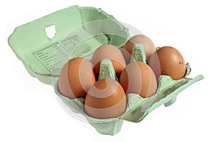 Six eggs in a papier mache egg box