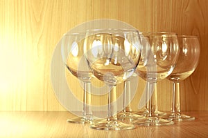 Six empty wine glasses