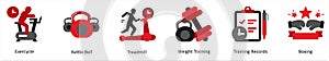 Six exercise icons in red and black as exercycle, kettle bell, treadmill