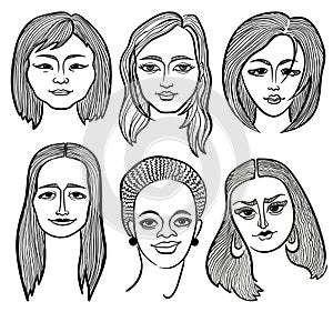 Six female faces of different appearances. Black and white linear portraits