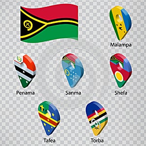Six flags the Provinces of Vanuatu - alphabetical order with name. Set of 3d geolocation signs like flags Provinces of Vanuatu.